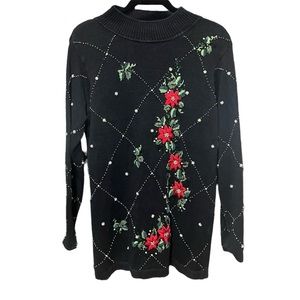 Black floral Embroidered pearl embellishments vintage sweater